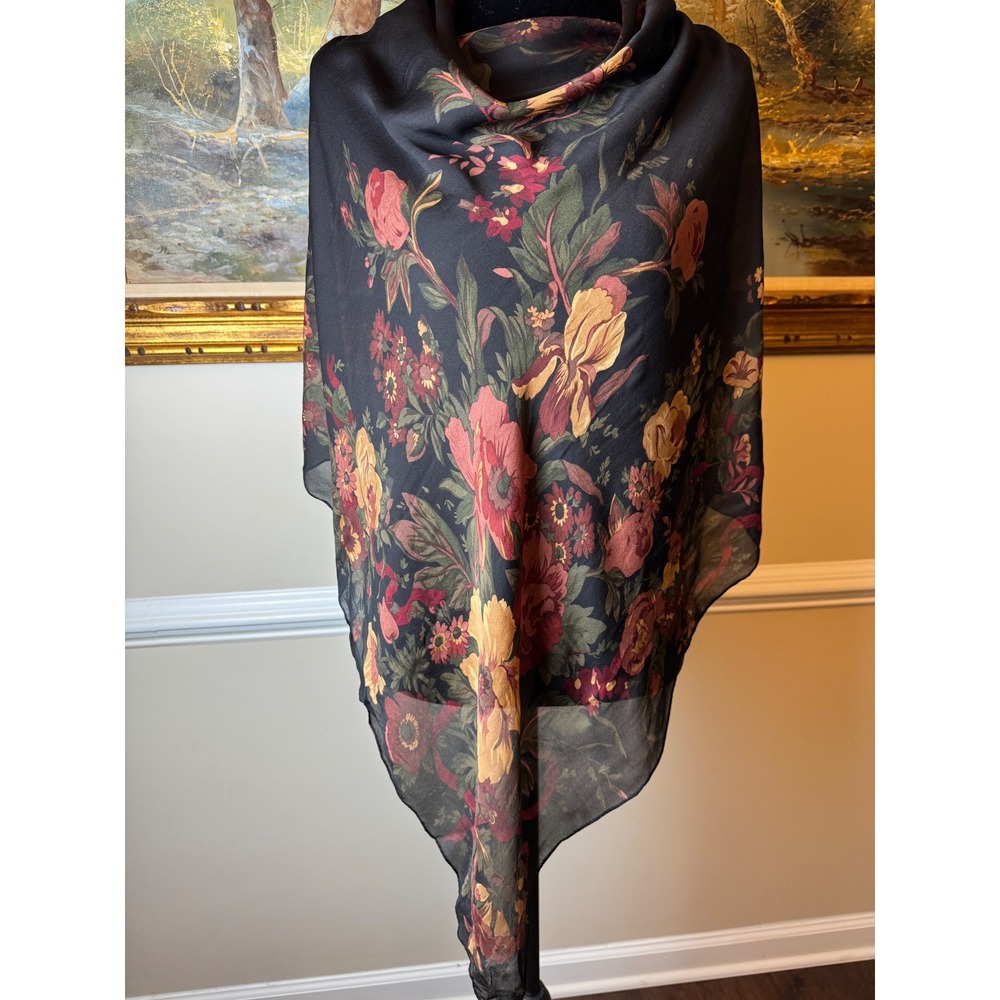 Vintage Ralph Lauren Silk Scarf Black Floral Ribbon Hand Rolled Square 34x34
